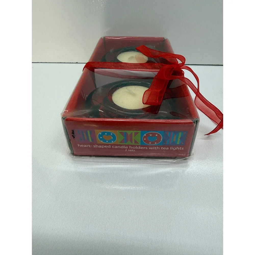 Devrian Global Red Glass Heart Candle Holders Set of 2 with Tea Lights 2954a